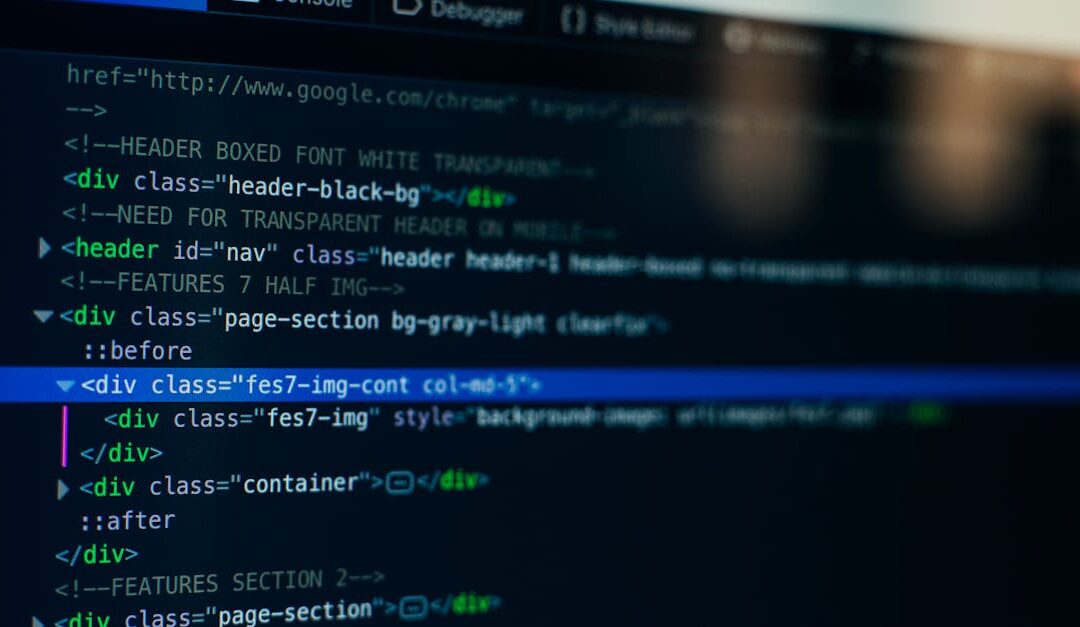 Detailed view of HTML code on a computer screen, ideal for tech and software development themes.
