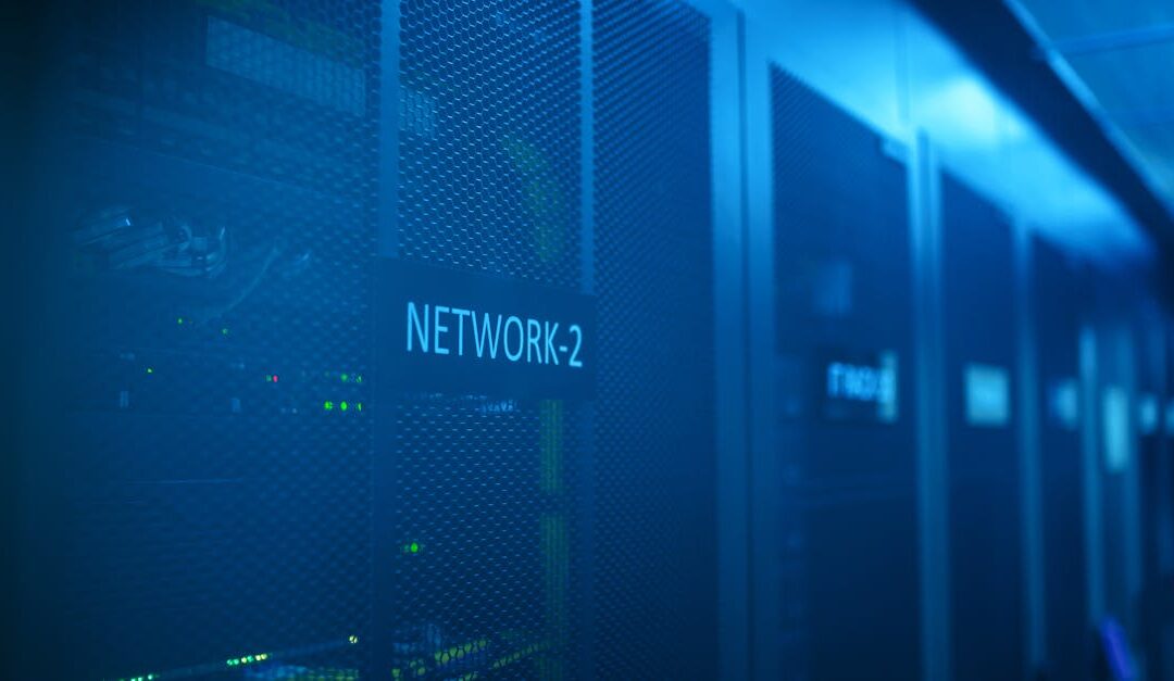 A modern server room featuring network equipment with blue illumination. Ideal for technology themes.