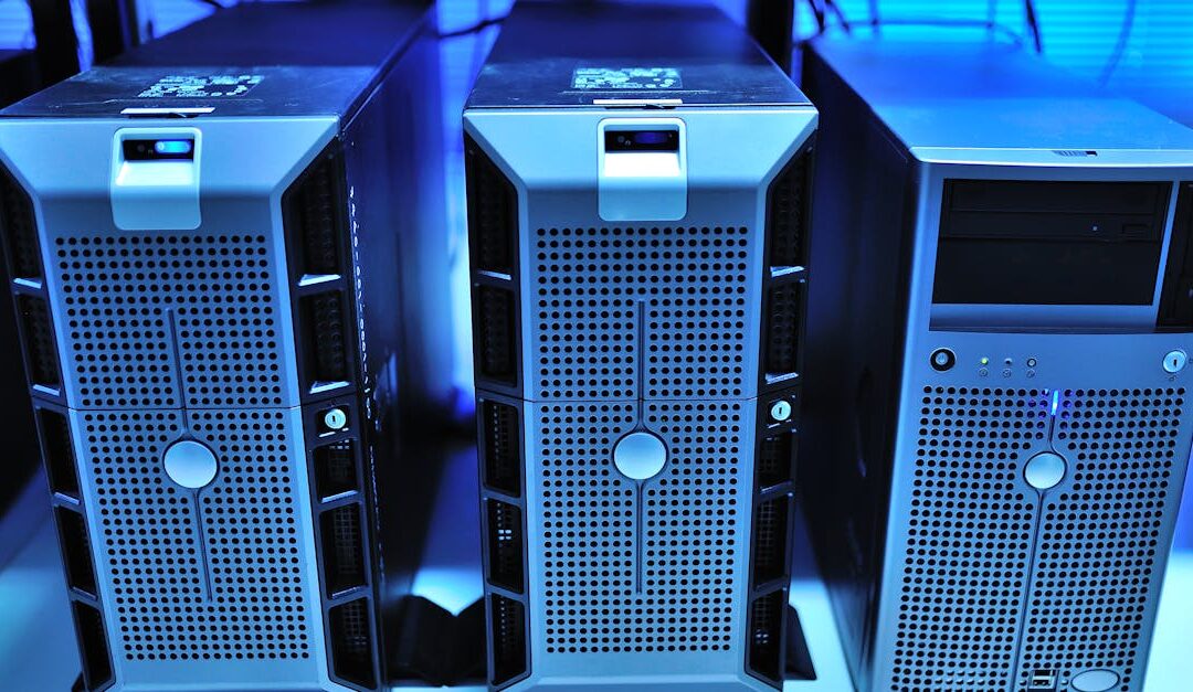 Close-up view of modern rack-mounted server units in a data center.
