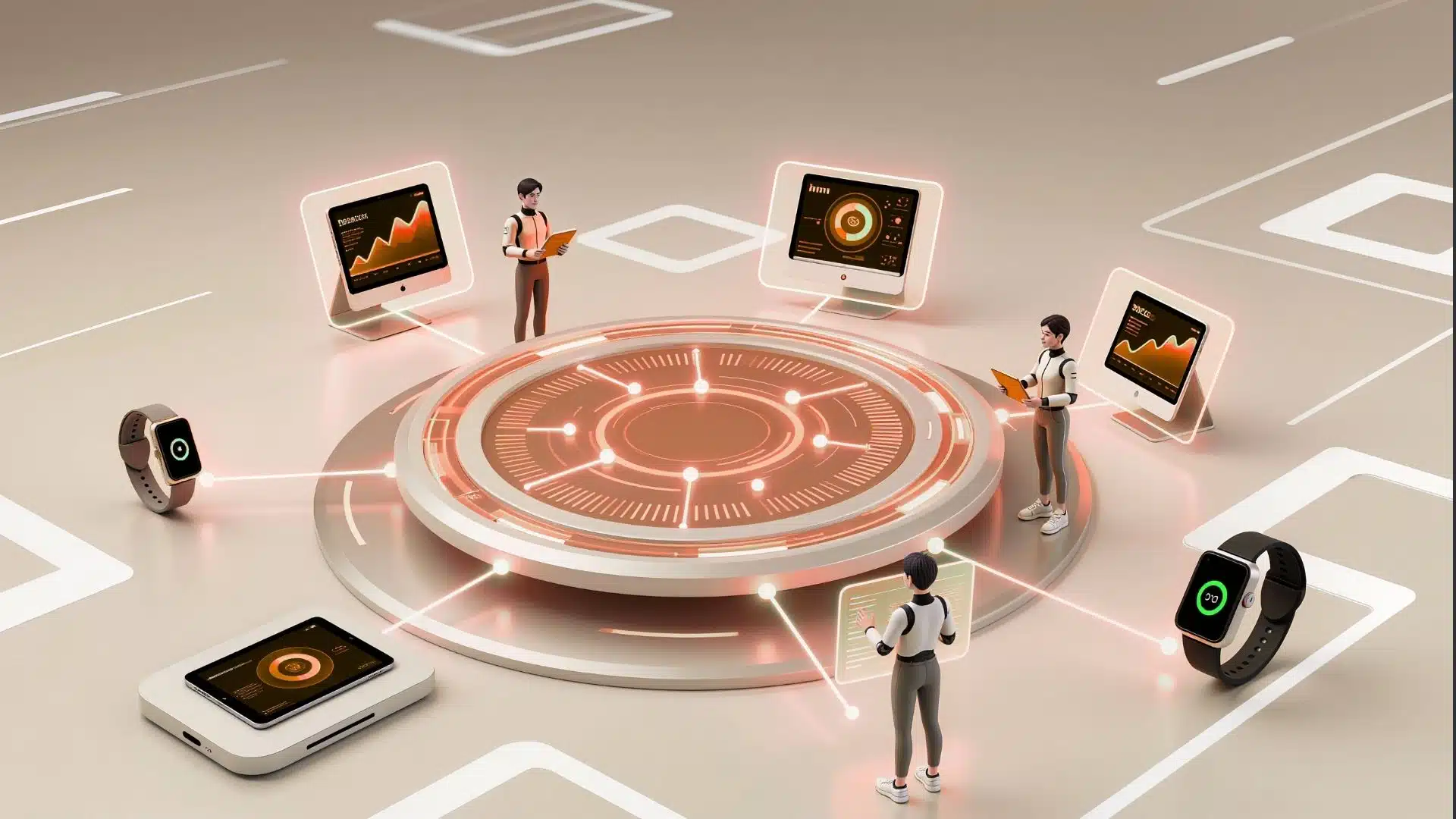 A futuristic digital workspace showing connected devices, dashboards and cloud technology elements, illustrating cloud modernisation for small business in 2026.